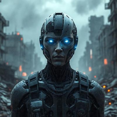 The primary subject of the image is a futuristic robot with blue eyes, standing in a dark and destroyed city. The robot appears to be the main focus of the scene. The setting is a post-apocalyptic environment, with the robot standing in front of a pile of rubble. The visual style of the image is a combination of photo and digital art, creating a realistic yet surreal atmosphere. The dominant colors are dark and grey, with the blue eyes of the robot being the only bright element in the scene.